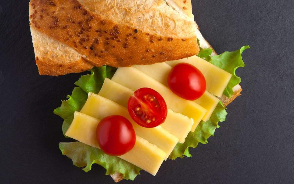 Cheese Sandwich With Tomato Lettuce Grey Background