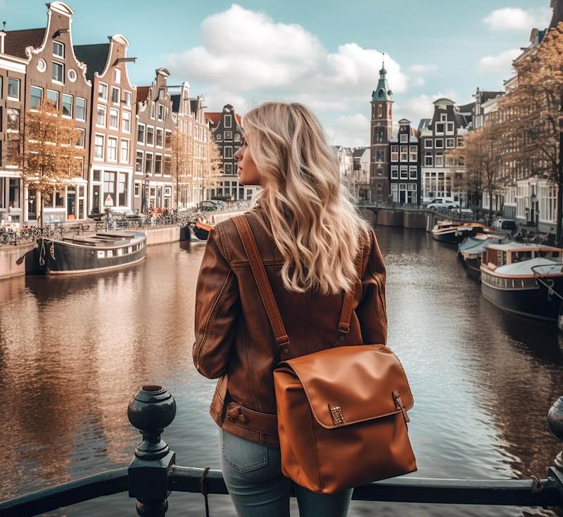 a blonde woman looking to the left while facing Amsterdam canal with Dutch houses on both sides during a bright day.
