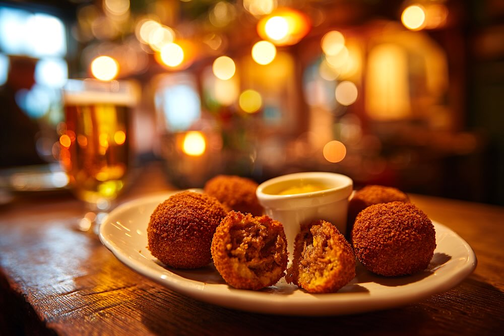 A rustic wooden pub table in Amsterdam, warm ambient lighting, a white ceramic plate with six golden-brown bitterballen crisply fried, one sliced open to reveal steaming beef ragout inside, small ramekin of mustard dipping sauce, blurred beer glass in background