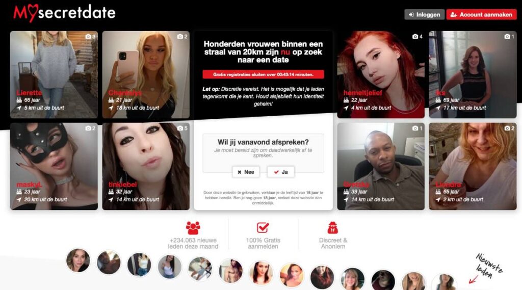 a screenshot of a sex date platform in Holland with seven women and one man showing their profile with names and ages
