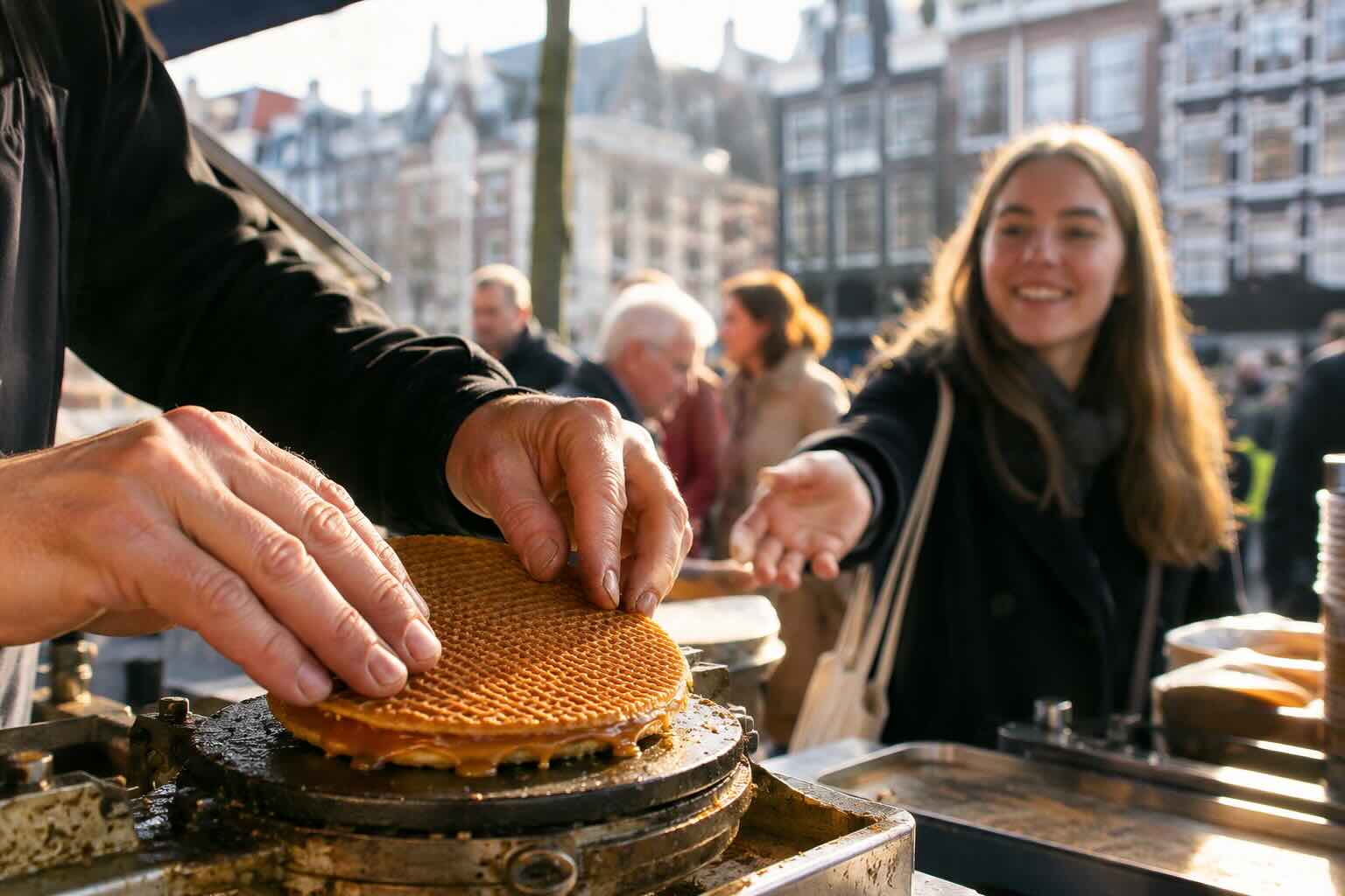 Fresh stroopwafel pressed on a waffle iron at an Amsterdam market stall