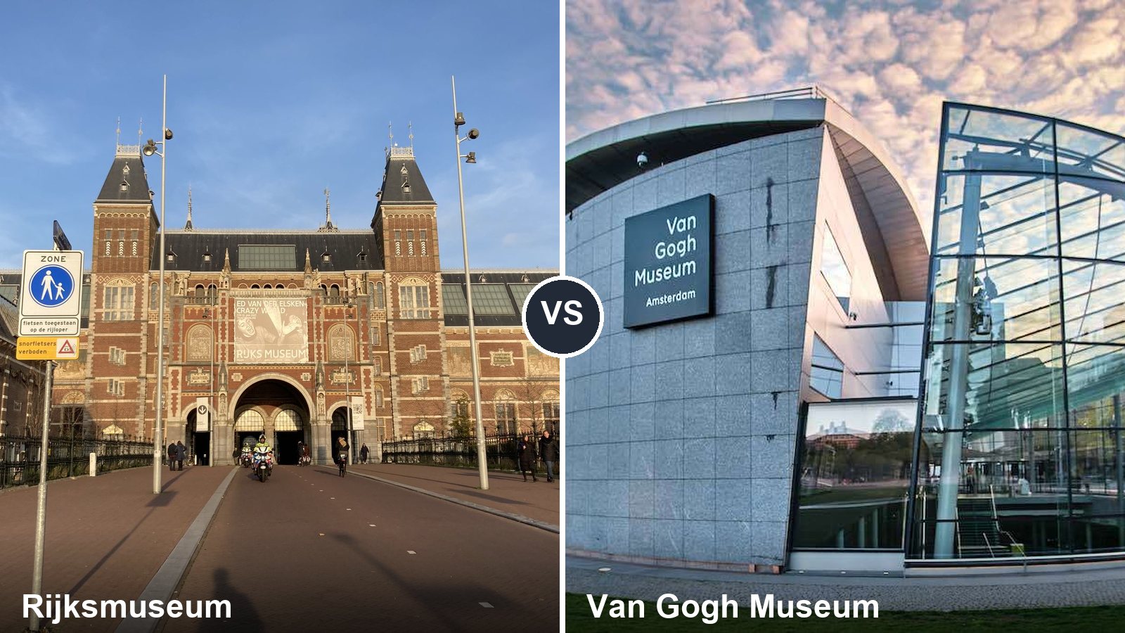 Side-by-side comparison of the Rijksmuseum and the Van Gogh Museum in Amsterdam