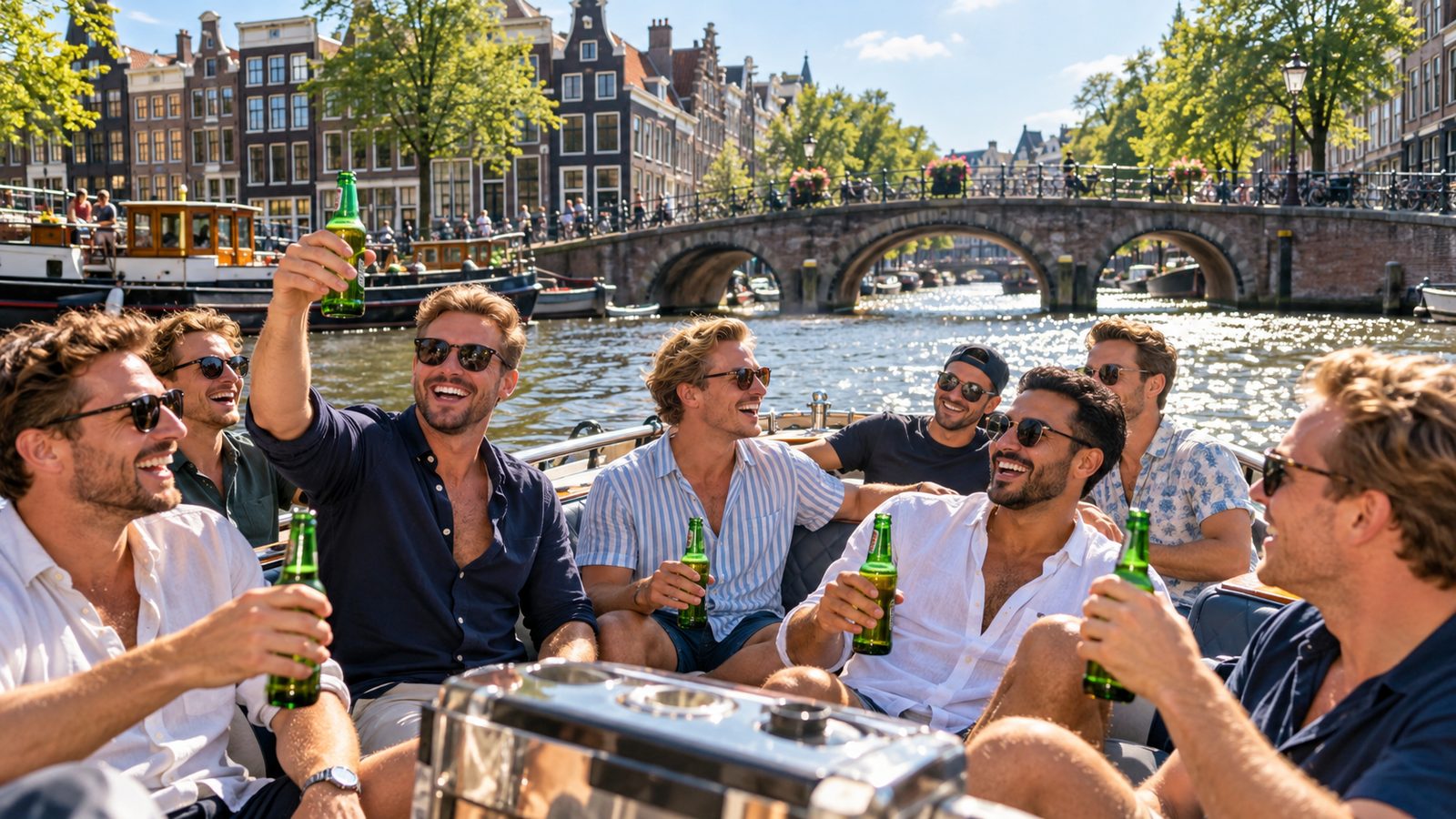A stag do group enjoying beers on an Amsterdam canal booze cruise
